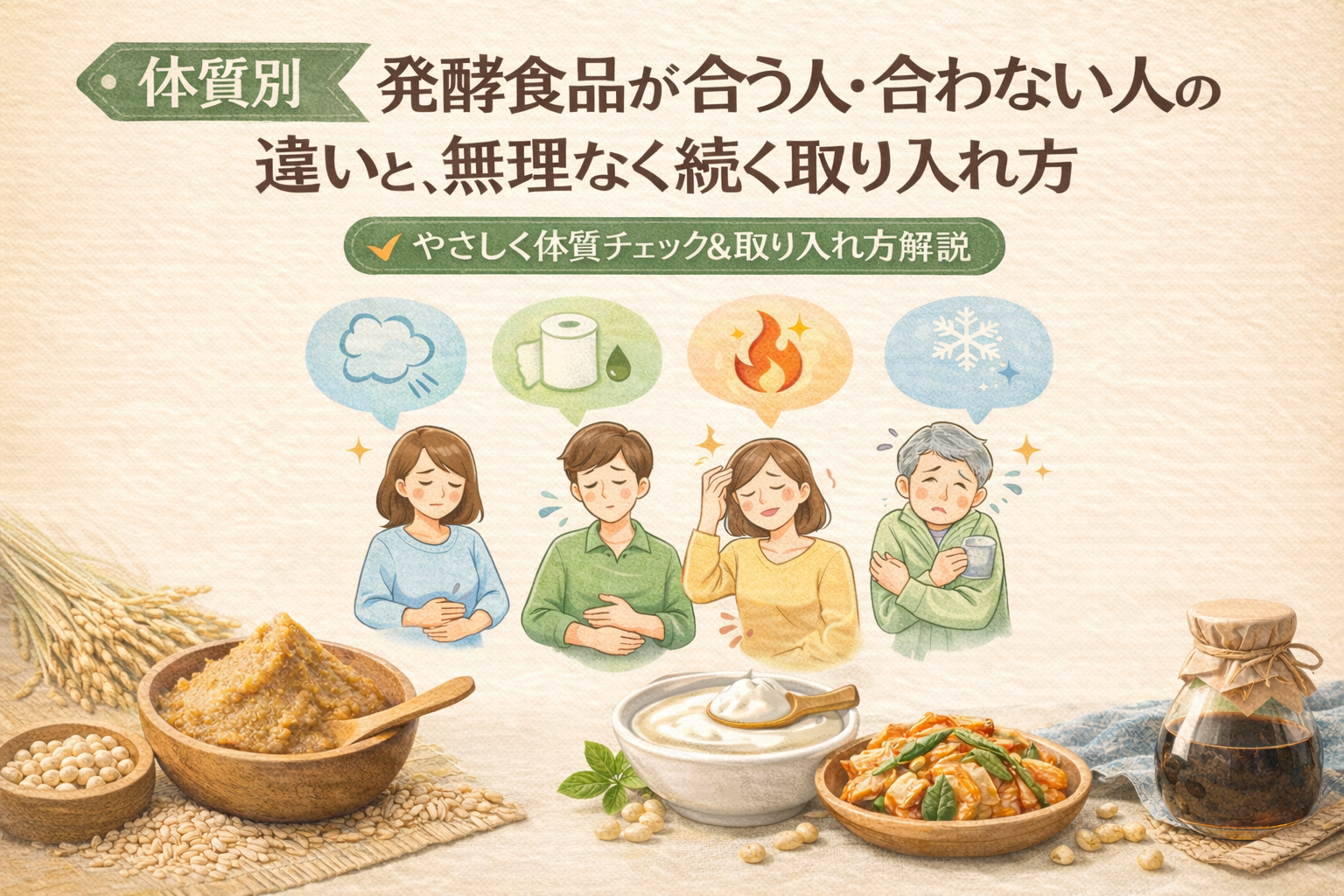 体質別｜発酵食品が合う人・合わない人の違いと、無理なく続く取り入れ方（お腹の不調・むくみ・ほてり・冷えの目安）